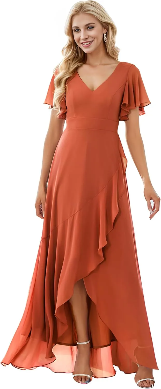 Ever-Pretty Women's Double V Neck A Line Ruffle Hem Backless High Low Chiffon Bridesmaid Dresses 01749