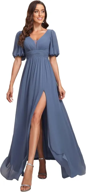 Ever-Pretty Women's Double V-Neck Puffy Sleeves Side Slit Chiffon A-Line Floor Length Evening Dresses 01385