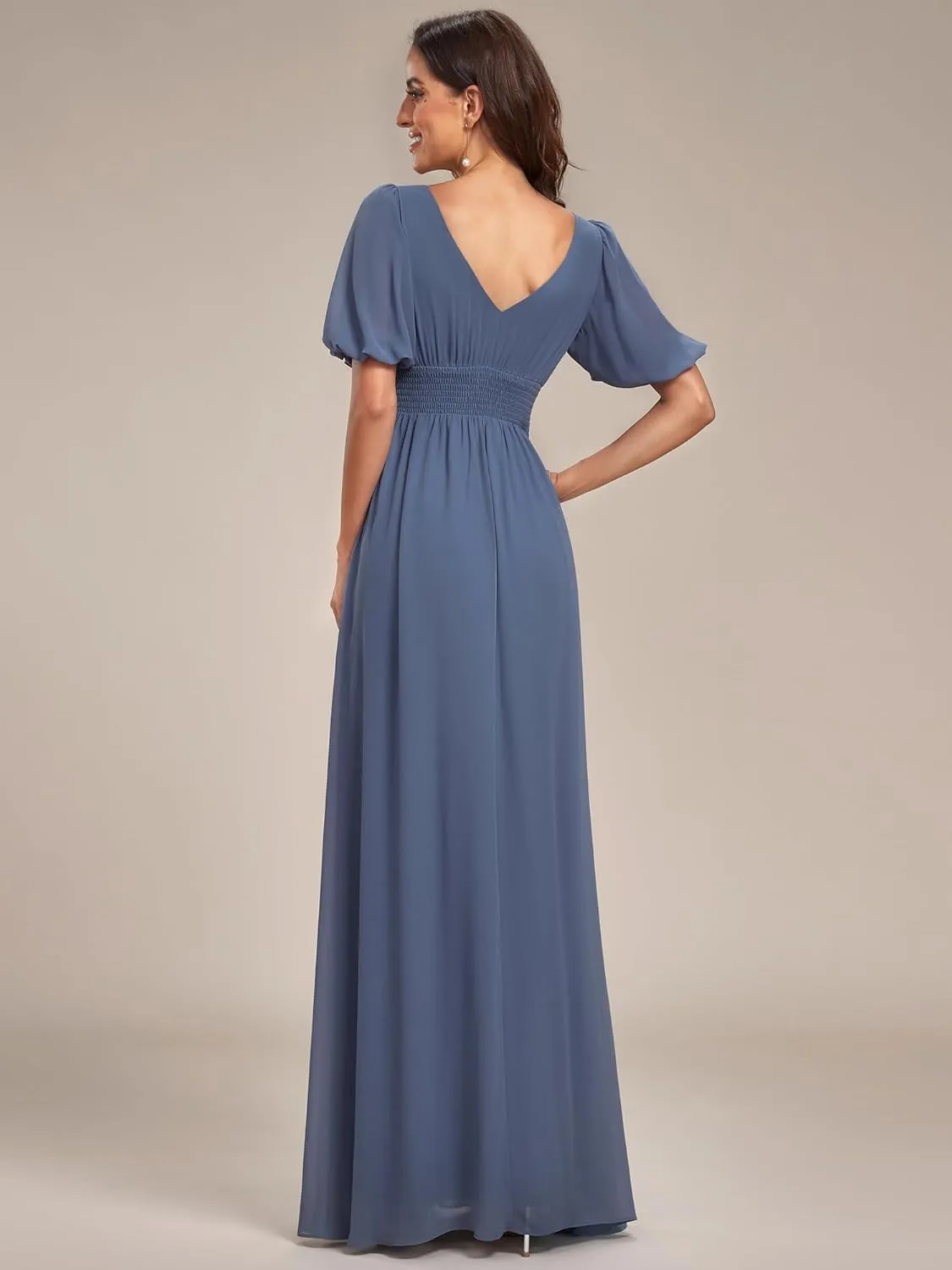 Ever-Pretty Women's Double V-Neck Puffy Sleeves Side Slit Chiffon A-Line Floor Length Evening Dresses 01385