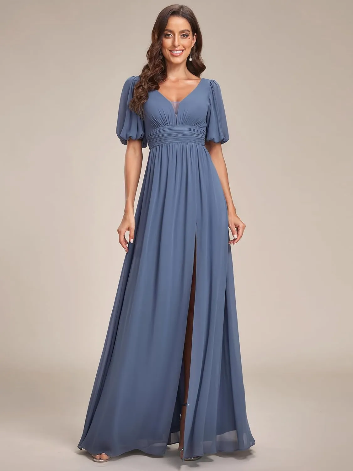 Ever-Pretty Women's Double V-Neck Puffy Sleeves Side Slit Chiffon A-Line Floor Length Evening Dresses 01385