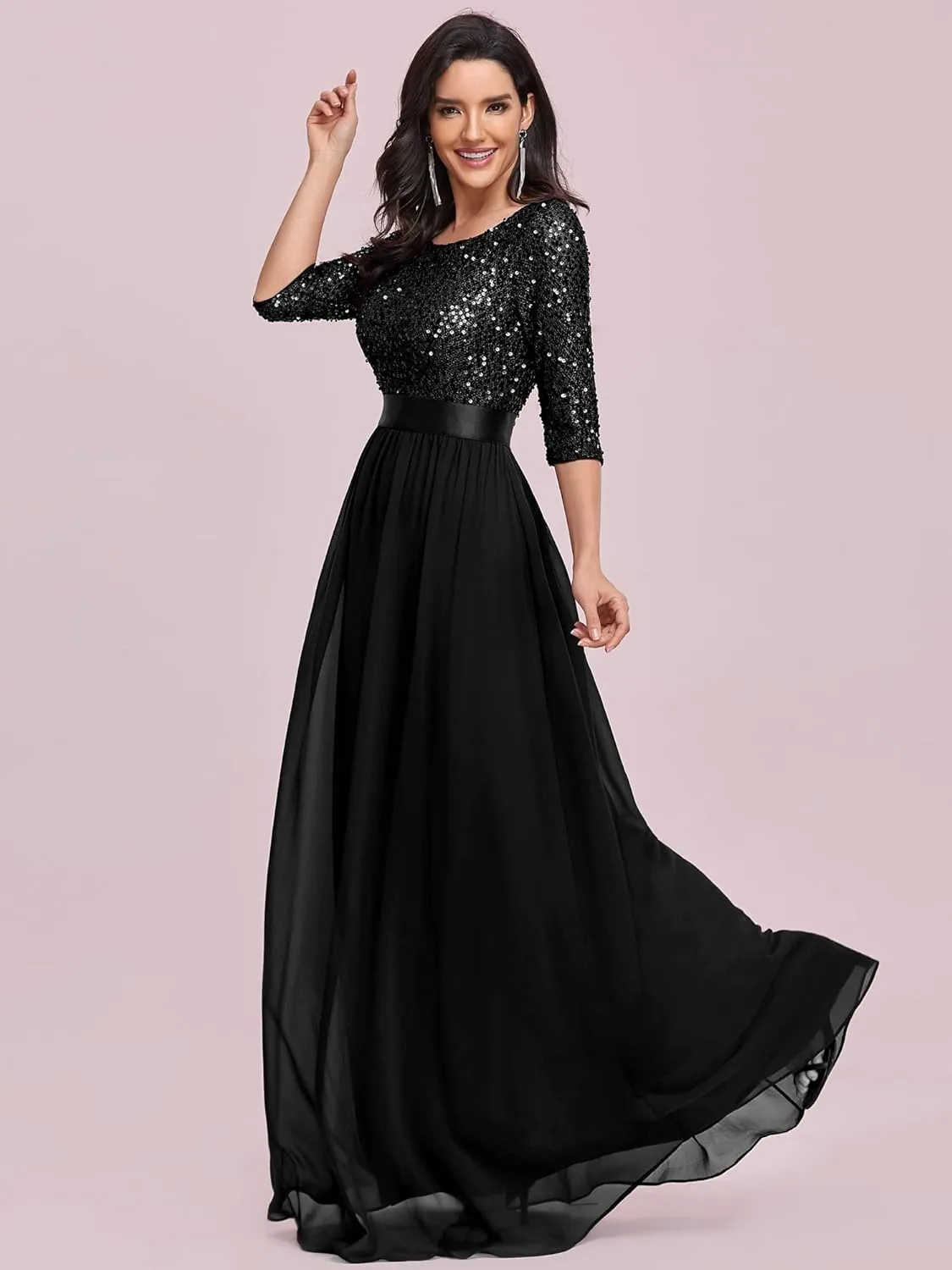 Ever-Pretty Women's Elegant A Line Crew Neck Half Sleeve Sequin Maxi Evening Dress 00683
