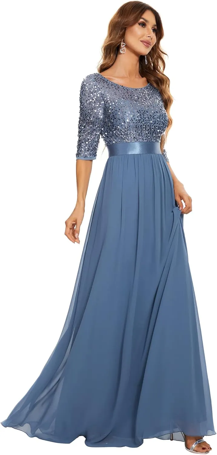 Ever-Pretty Women's Elegant A Line Crew Neck Half Sleeve Sequin Maxi Evening Dress 00683