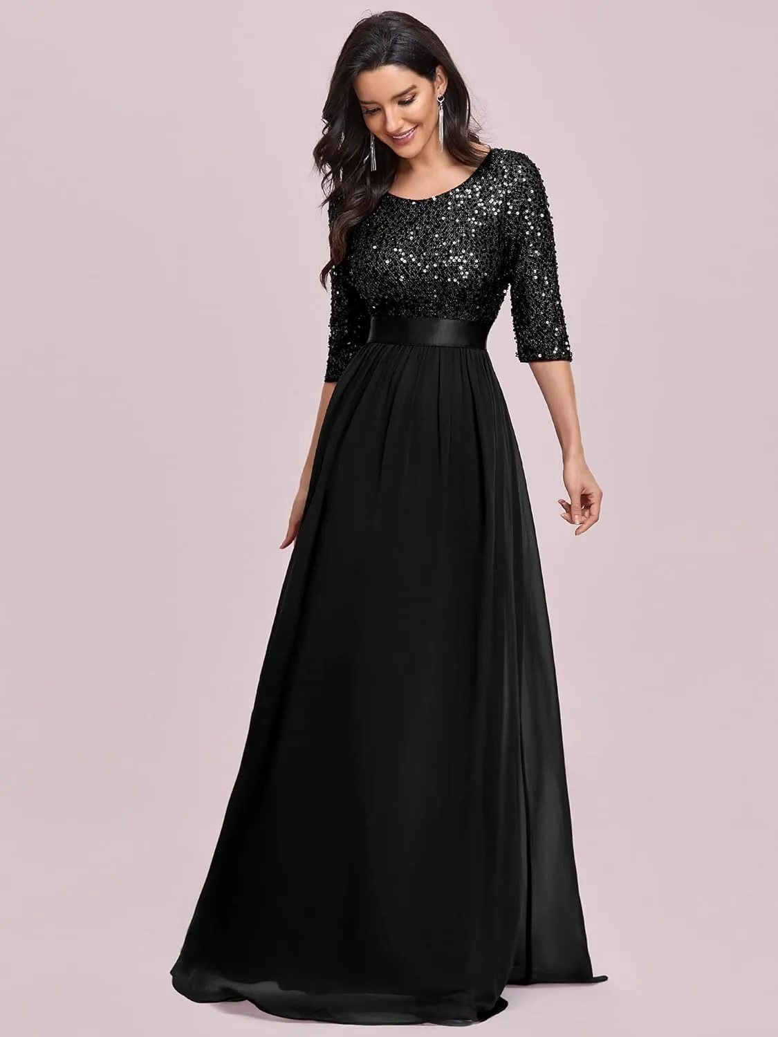 Ever-Pretty Women's Elegant A Line Crew Neck Half Sleeve Sequin Maxi Evening Dress 00683