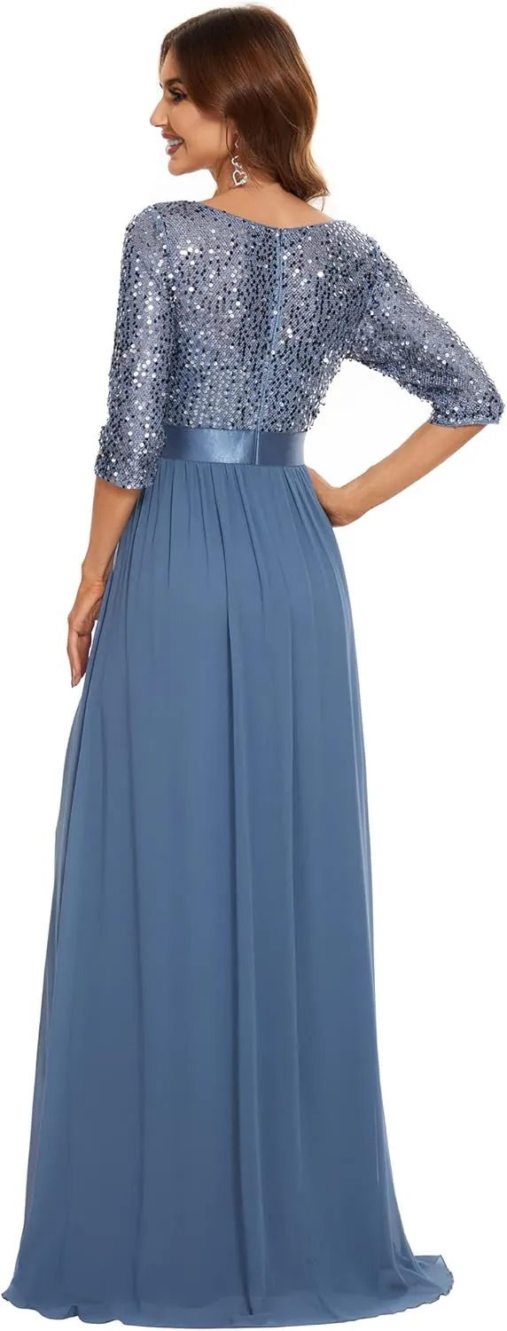 Ever-Pretty Women's Elegant A Line Crew Neck Half Sleeve Sequin Maxi Evening Dress 00683