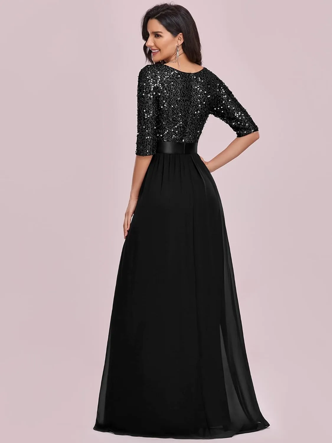 Ever-Pretty Women's Elegant A Line Crew Neck Half Sleeve Sequin Maxi Evening Dress 00683
