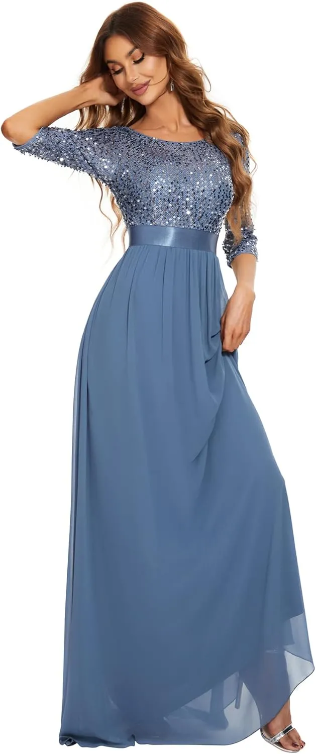 Ever-Pretty Women's Elegant A Line Crew Neck Half Sleeve Sequin Maxi Evening Dress 00683