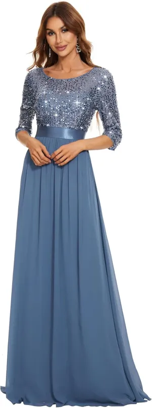 Ever-Pretty Women's Elegant A Line Crew Neck Half Sleeve Sequin Maxi Evening Dress 00683
