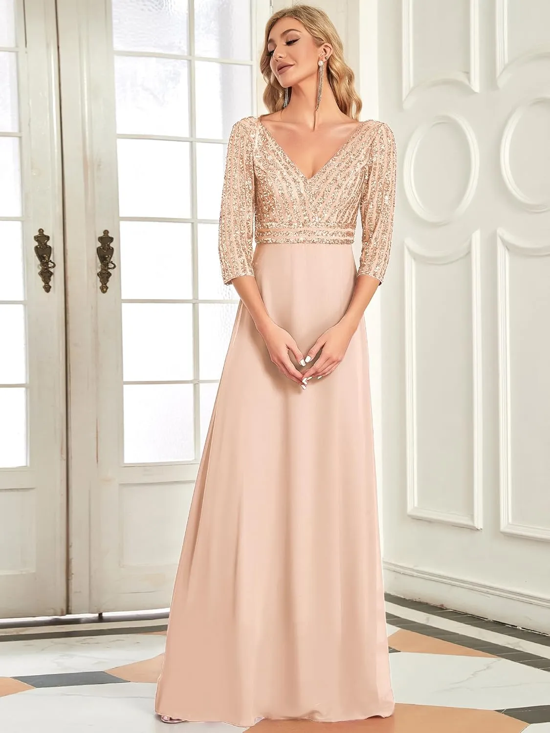 Ever-Pretty Women's Elegant Formal Dress V-Neck Long Sleeve Sequin Maxi Chiffon Evening Dresses 00751
