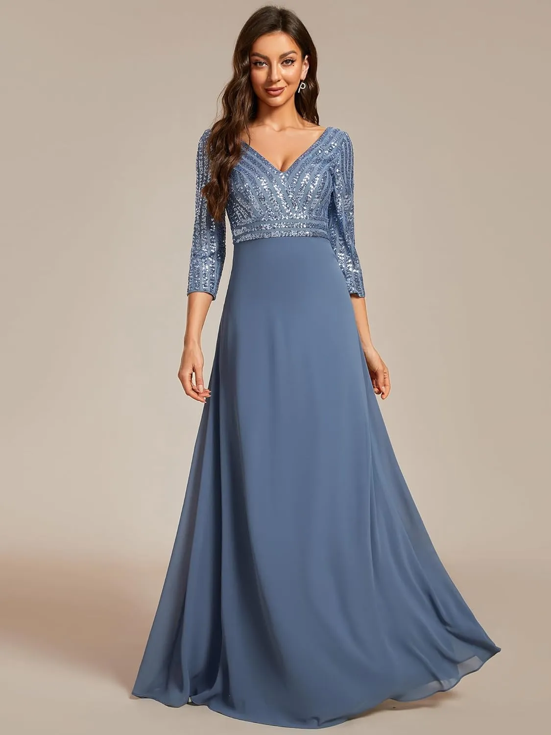 Ever-Pretty Women's Elegant Formal Dress V-Neck Long Sleeve Sequin Maxi Chiffon Evening Dresses 00751