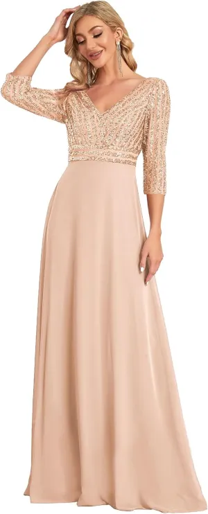 Ever-Pretty Women's Elegant Formal Dress V-Neck Long Sleeve Sequin Maxi Chiffon Evening Dresses 00751
