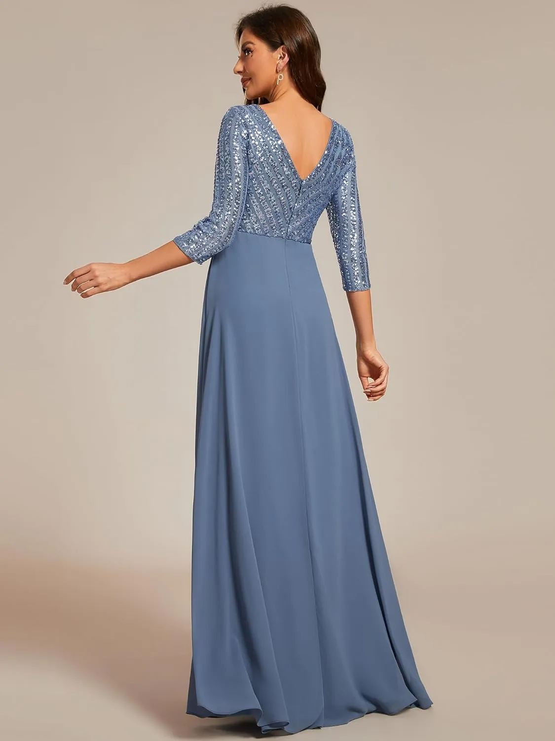 Ever-Pretty Women's Elegant Formal Dress V-Neck Long Sleeve Sequin Maxi Chiffon Evening Dresses 00751