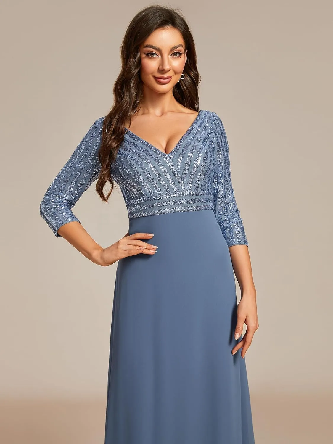 Ever-Pretty Women's Elegant Formal Dress V-Neck Long Sleeve Sequin Maxi Chiffon Evening Dresses 00751