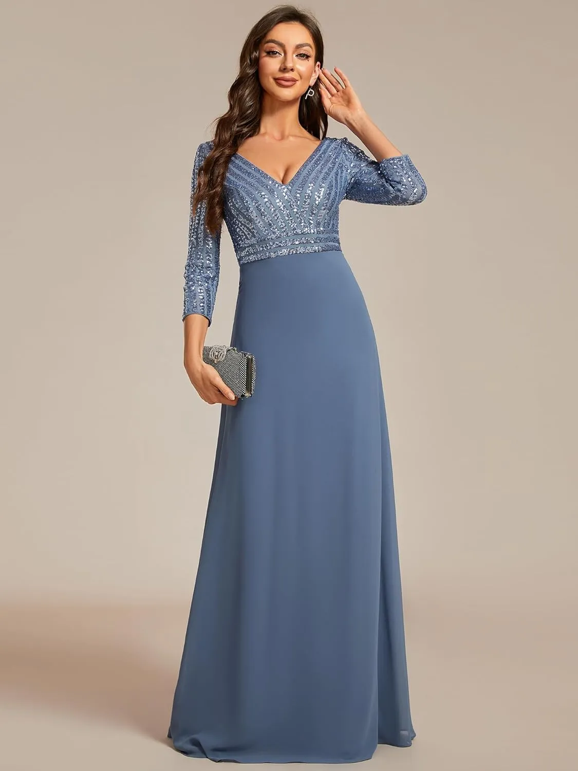Ever-Pretty Women's Elegant Formal Dress V-Neck Long Sleeve Sequin Maxi Chiffon Evening Dresses 00751