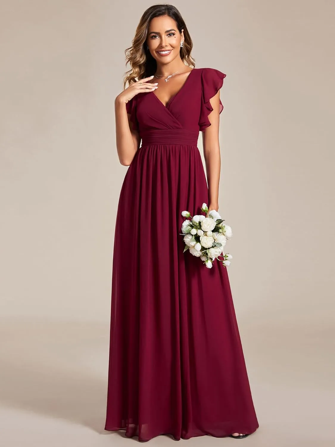 Ever-Pretty Women's Flowy Chiffon A Line Ruffles Sleeves Back Cutout Bridesmaid Dresses 01819