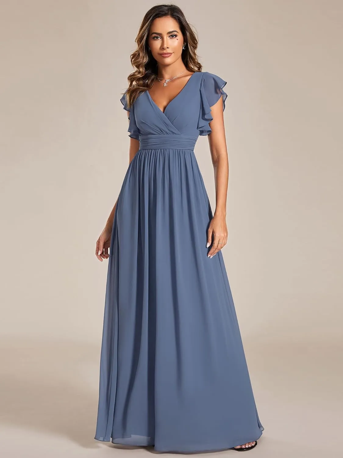 Ever-Pretty Women's Flowy Chiffon A Line Ruffles Sleeves Back Cutout Bridesmaid Dresses 01819