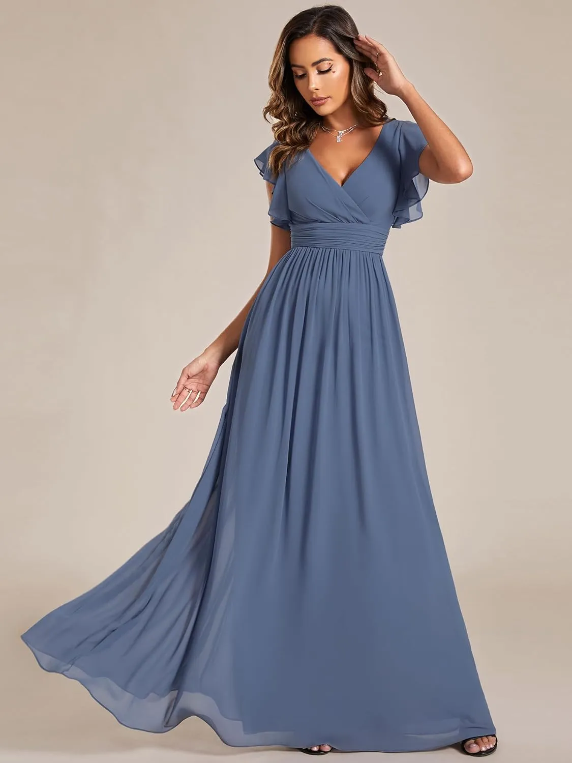 Ever-Pretty Women's Flowy Chiffon A Line Ruffles Sleeves Back Cutout Bridesmaid Dresses 01819