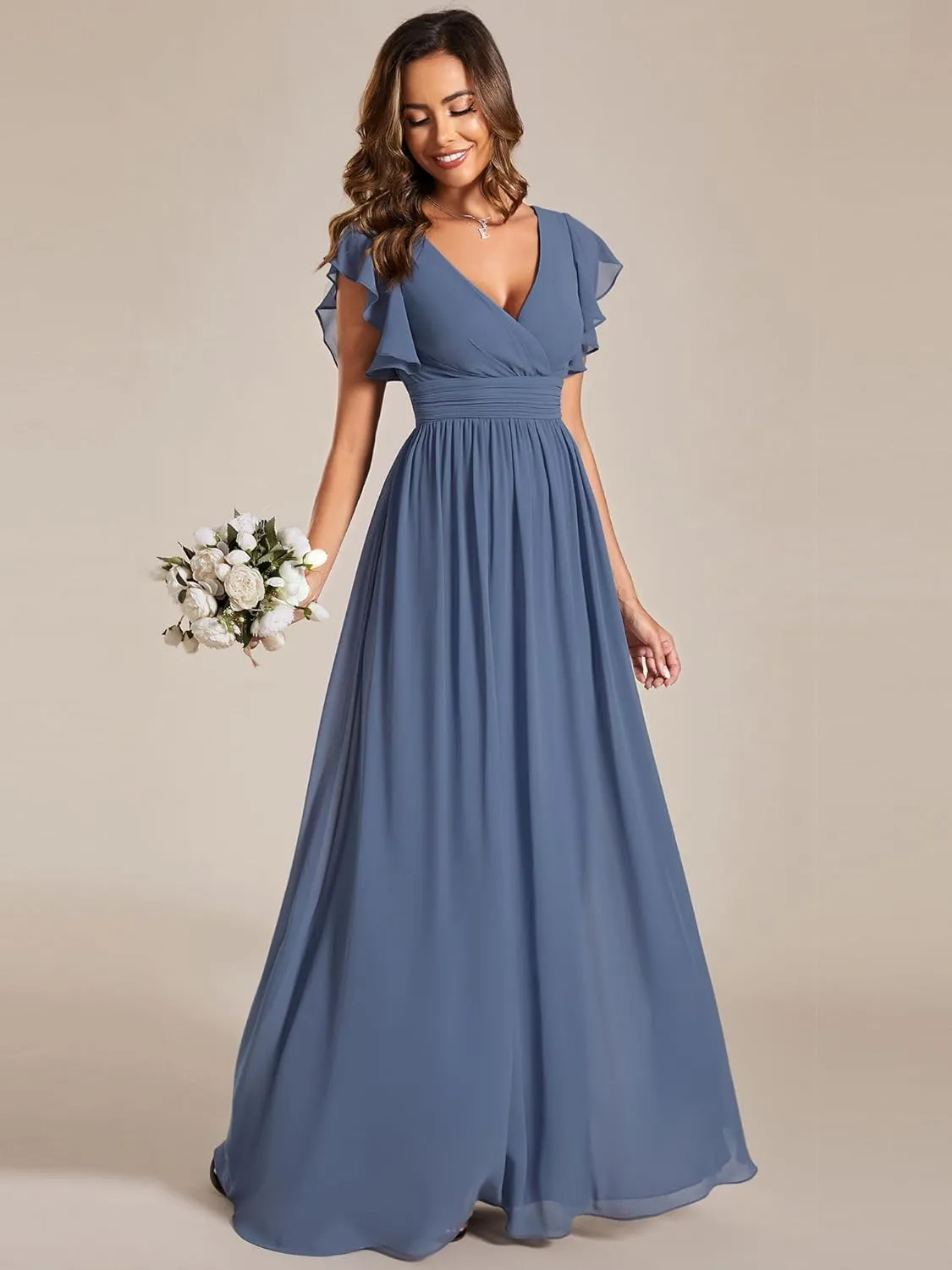 Ever-Pretty Women's Flowy Chiffon A Line Ruffles Sleeves Back Cutout Bridesmaid Dresses 01819