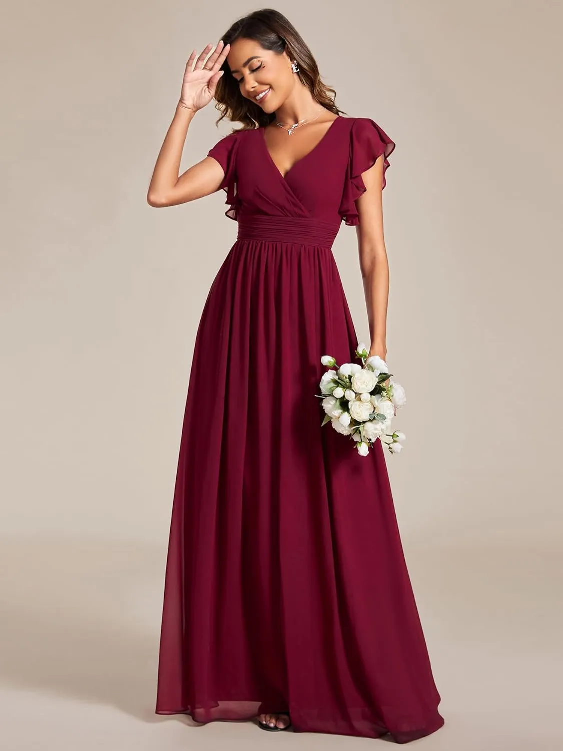 Ever-Pretty Women's Flowy Chiffon A Line Ruffles Sleeves Back Cutout Bridesmaid Dresses 01819
