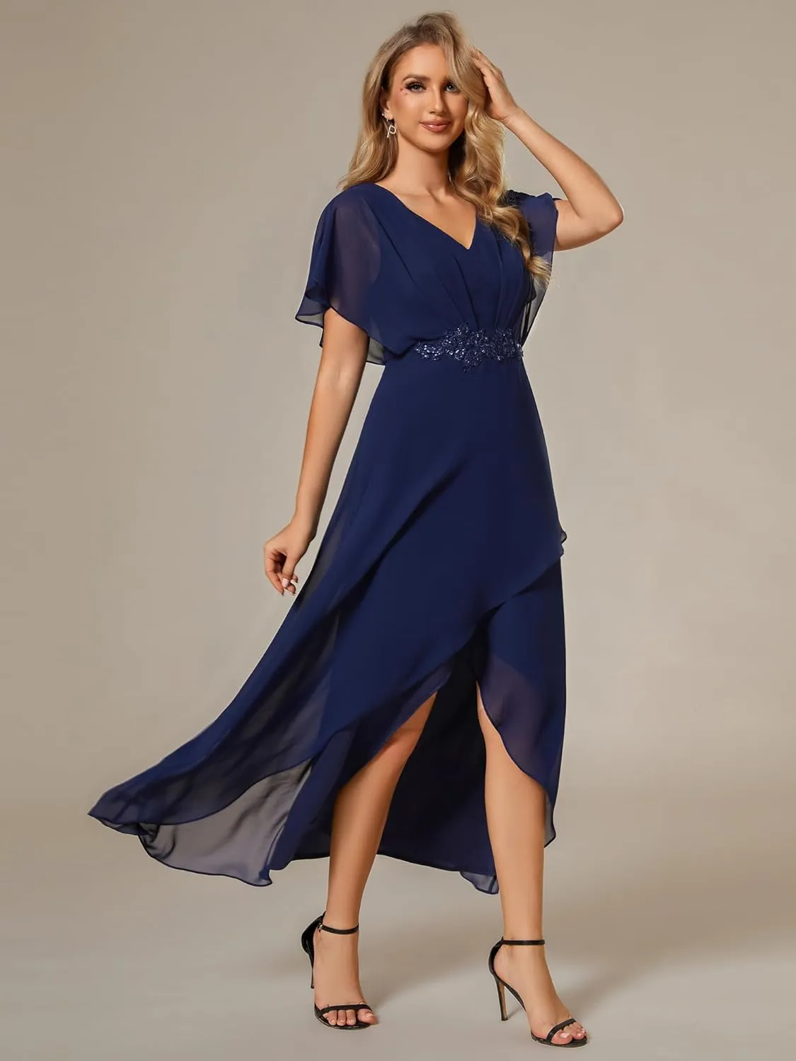 Ever-Pretty Women's Formal Dress A Line V Neck Applique Waist Tea Length Wedding Guest Dress 02027
