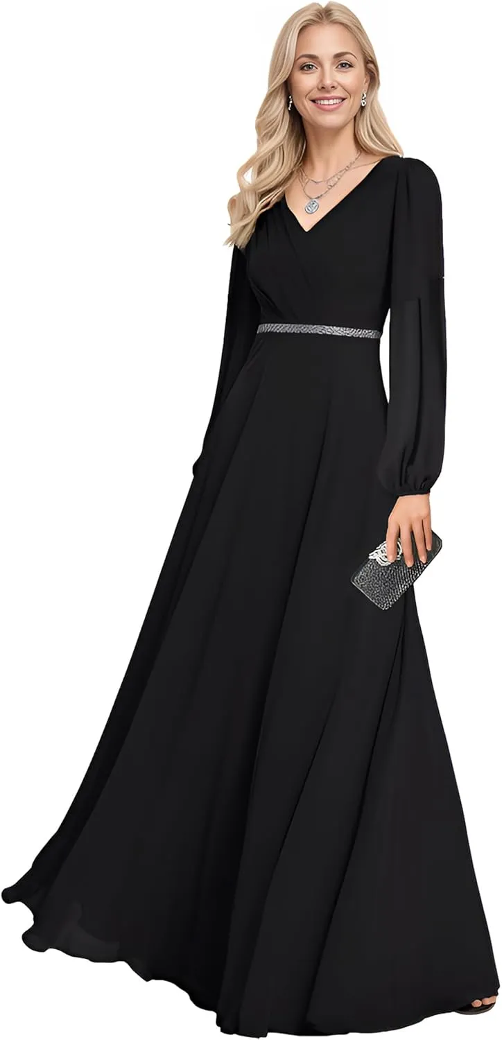 Ever-Pretty Women's Formal Dresses Long Sleeve V Neck Empire Waist A Line Beading Floor Length Wedding Guest Dress 01981