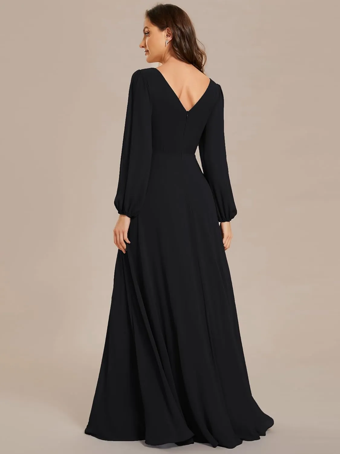 Ever-Pretty Women's Formal Dresses Long Sleeve V Neck Empire Waist A Line Beading Floor Length Wedding Guest Dress 01981