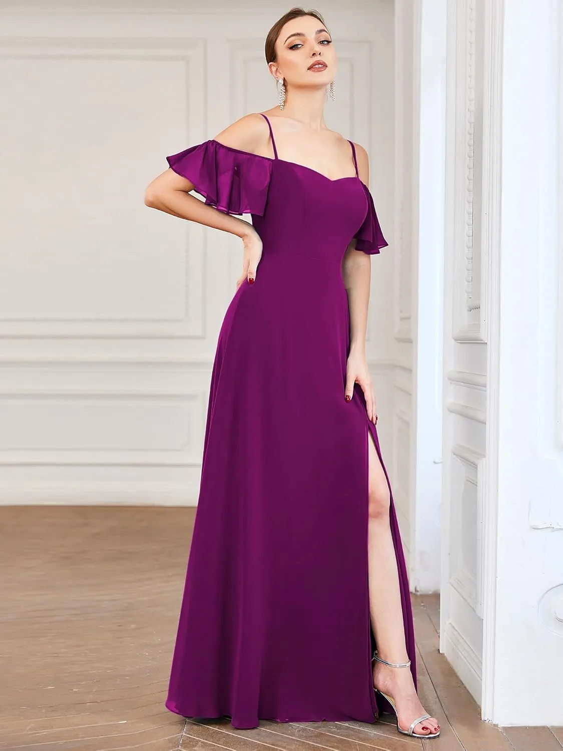 Ever-Pretty Women's Formal Dresses Off Shoulder Short Sleeve Split A-Line Floor Length Bridesmaid Dresses 0237