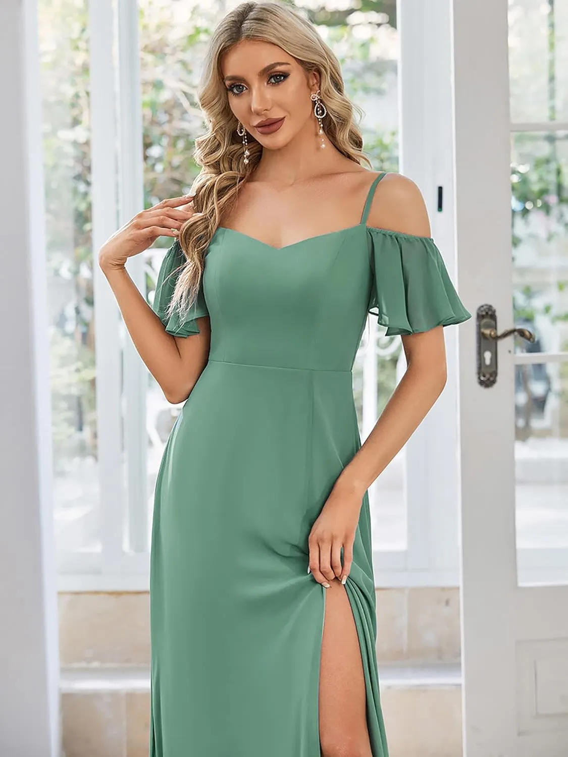 Ever-Pretty Women's Formal Dresses Off Shoulder Short Sleeve Split A-Line Floor Length Bridesmaid Dresses 0237