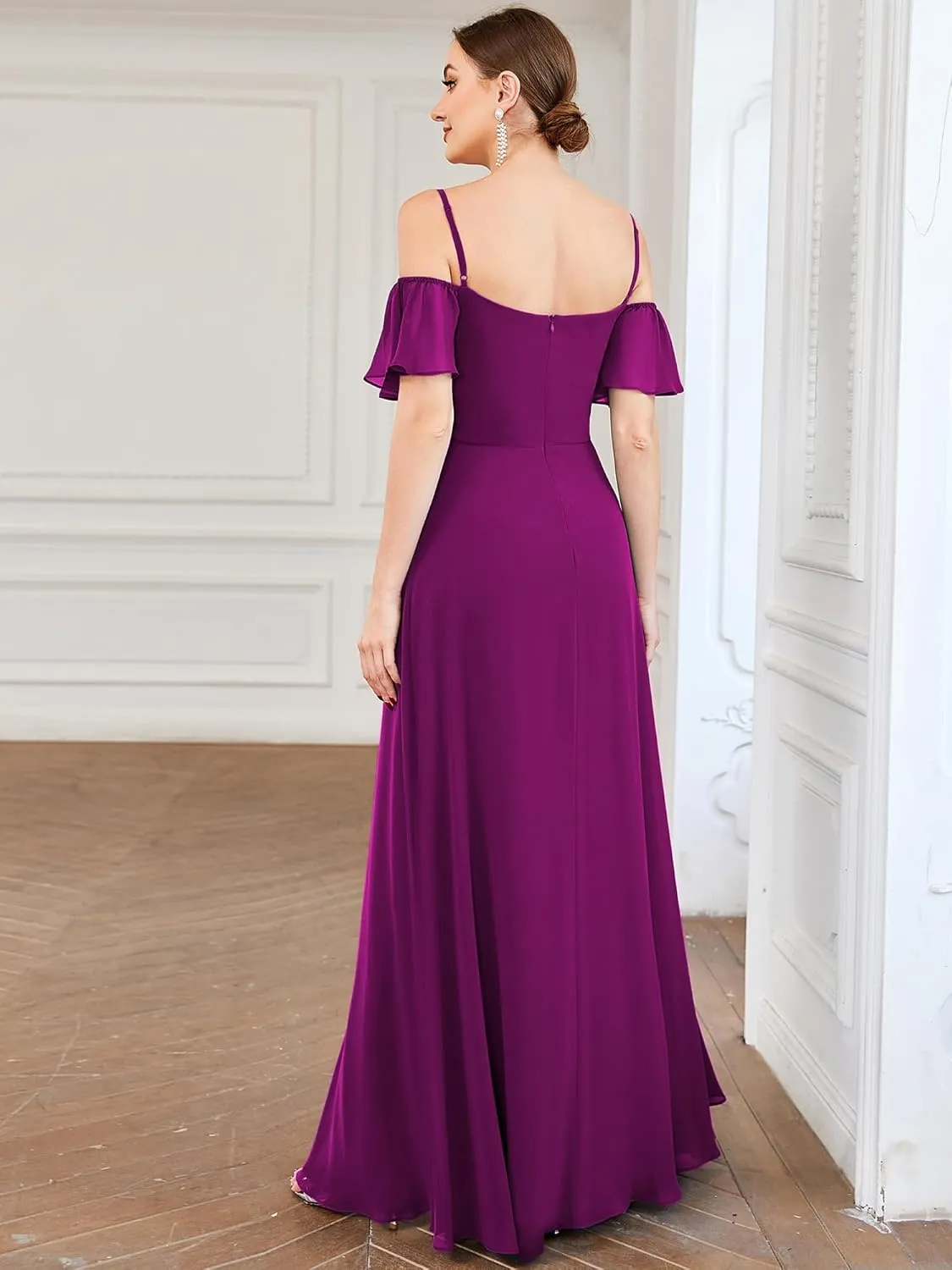 Ever-Pretty Women's Formal Dresses Off Shoulder Short Sleeve Split A-Line Floor Length Bridesmaid Dresses 0237