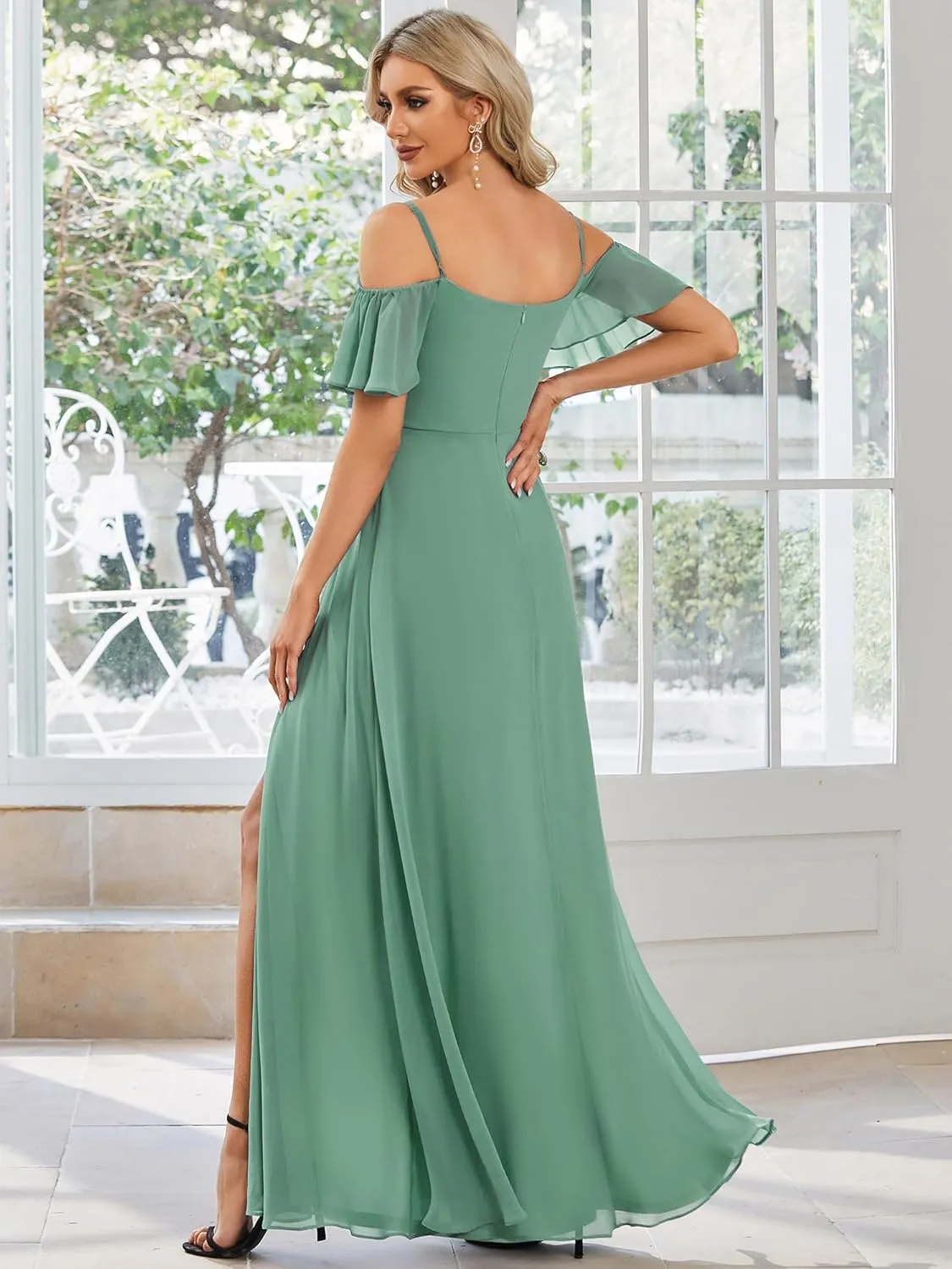 Ever-Pretty Women's Formal Dresses Off Shoulder Short Sleeve Split A-Line Floor Length Bridesmaid Dresses 0237