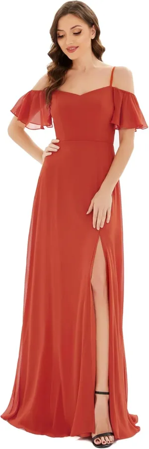 Ever-Pretty Women's Formal Dresses Off Shoulder Short Sleeve Split A-Line Floor Length Bridesmaid Dresses 0237