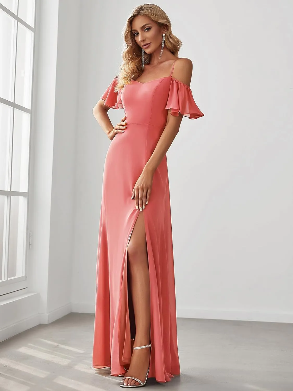 Ever-Pretty Women's Formal Dresses Off Shoulder Short Sleeve Split A-Line Floor Length Bridesmaid Dresses 0237