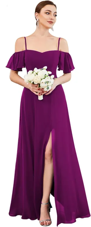 Ever-Pretty Women's Formal Dresses Off Shoulder Short Sleeve Split A-Line Floor Length Bridesmaid Dresses 0237