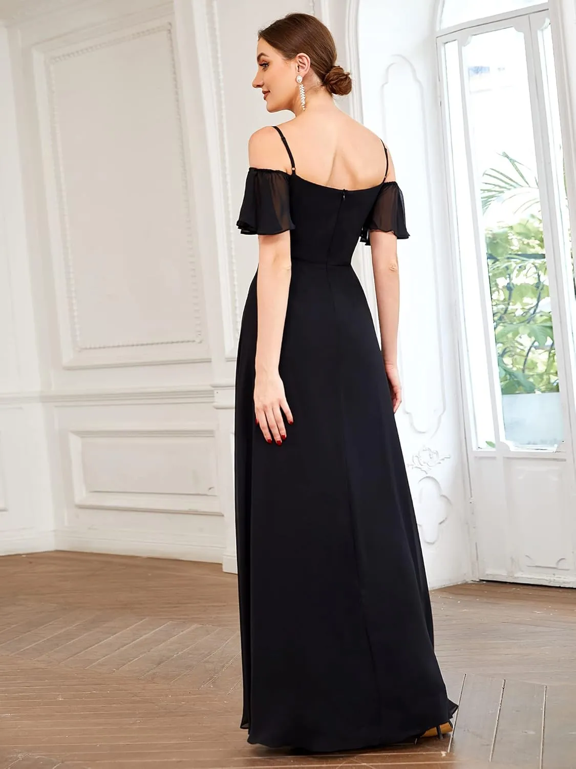 Ever-Pretty Women's Formal Dresses Off Shoulder Short Sleeve Split A-Line Floor Length Bridesmaid Dresses 0237