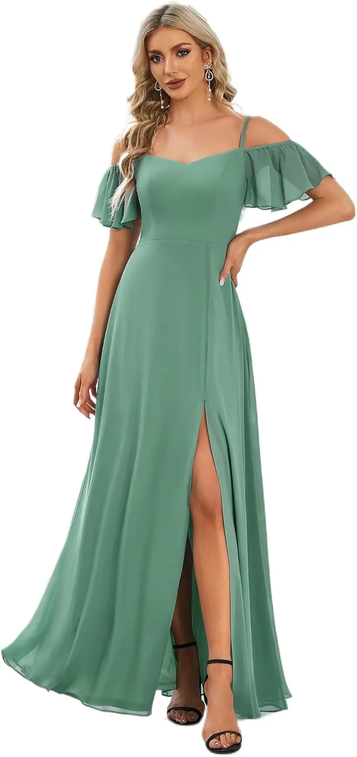 Ever-Pretty Women's Formal Dresses Off Shoulder Short Sleeve Split A-Line Floor Length Bridesmaid Dresses 0237
