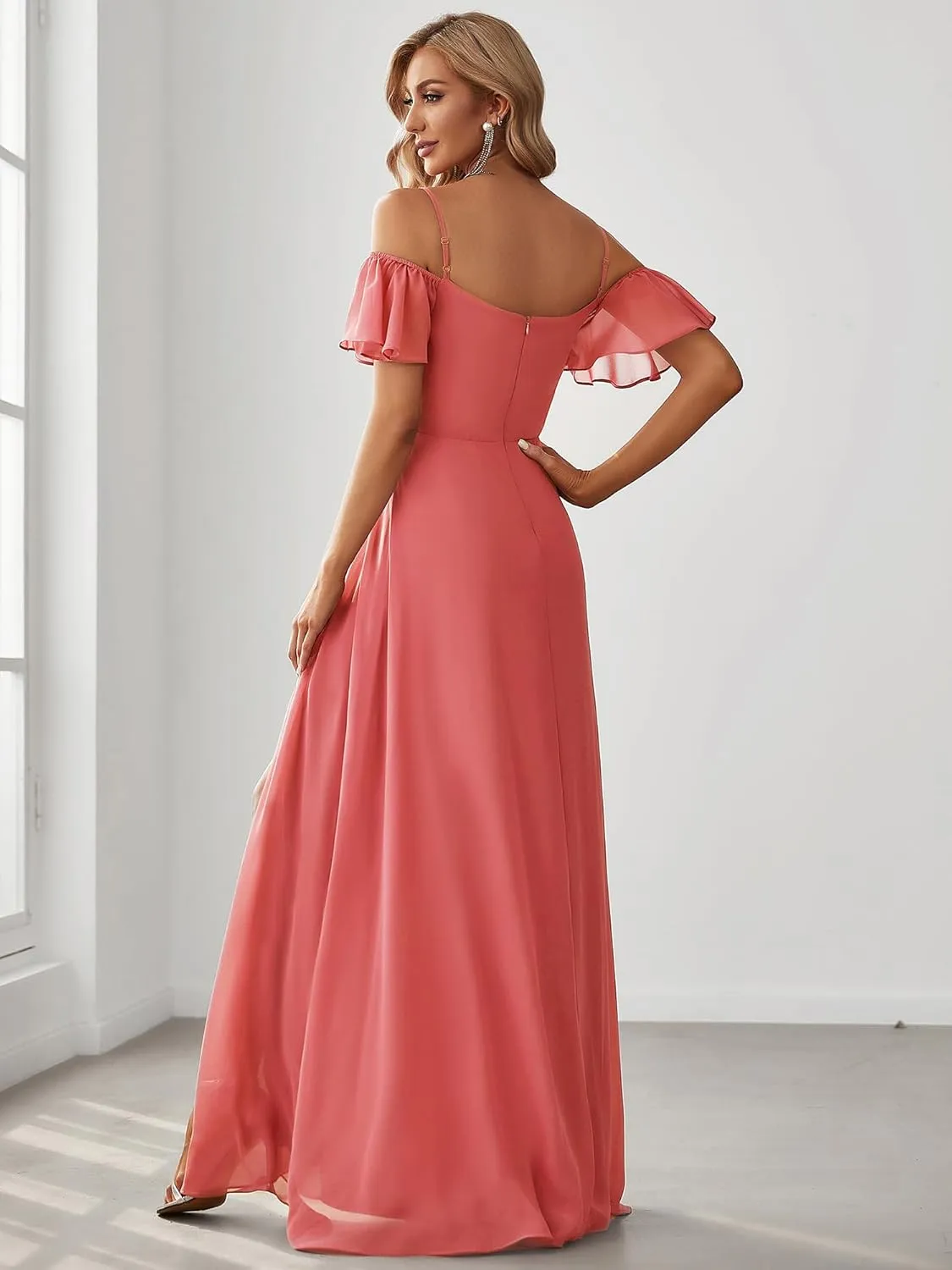 Ever-Pretty Women's Formal Dresses Off Shoulder Short Sleeve Split A-Line Floor Length Bridesmaid Dresses 0237
