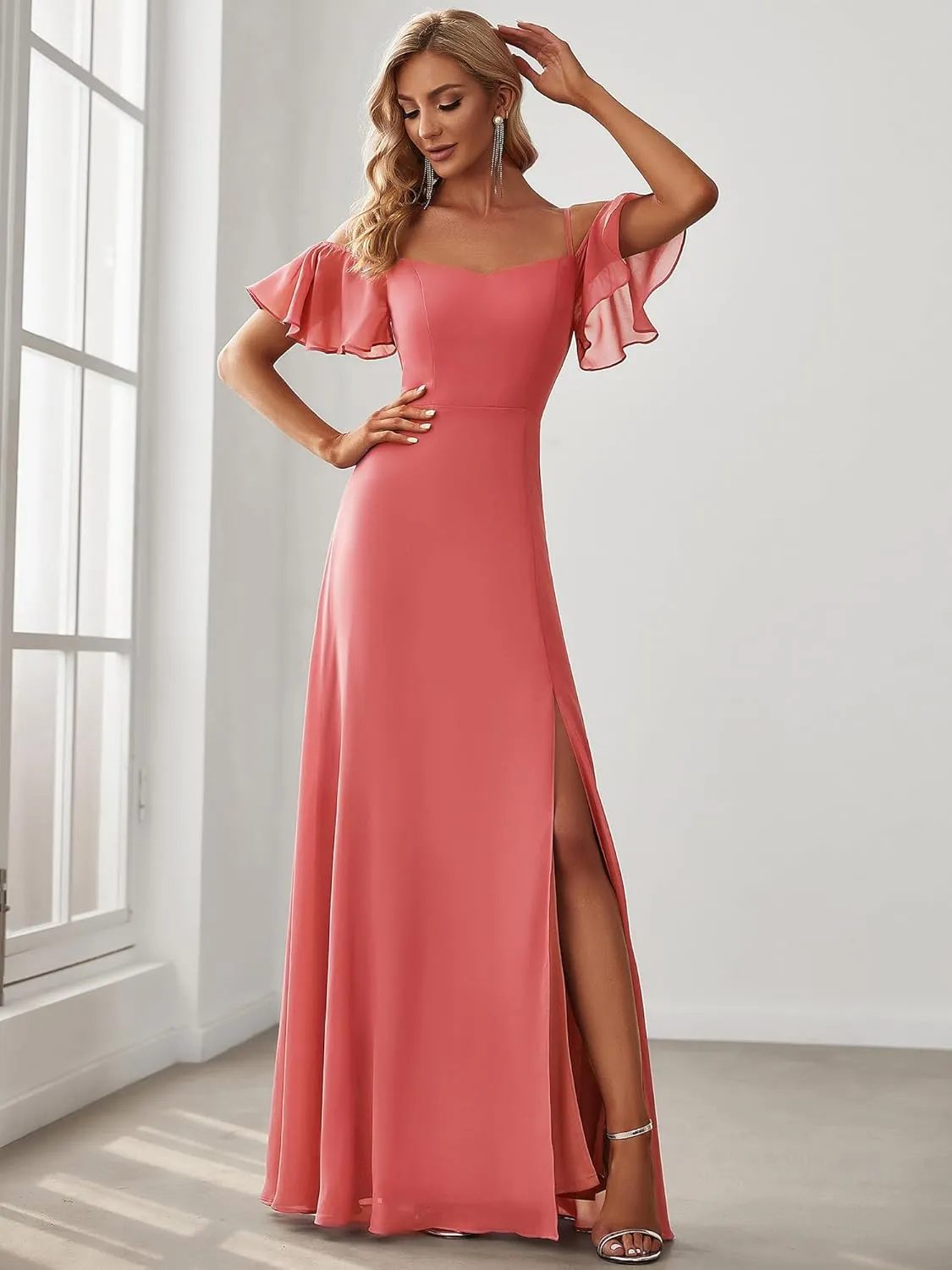 Ever-Pretty Women's Formal Dresses Off Shoulder Short Sleeve Split A-Line Floor Length Bridesmaid Dresses 0237