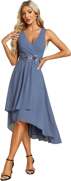 Ever-Pretty Women's Hi-Lo Sleeveless V Neck Appliques Flowy Chiffon Midi Formal Dress for Wedding Guest 41926
