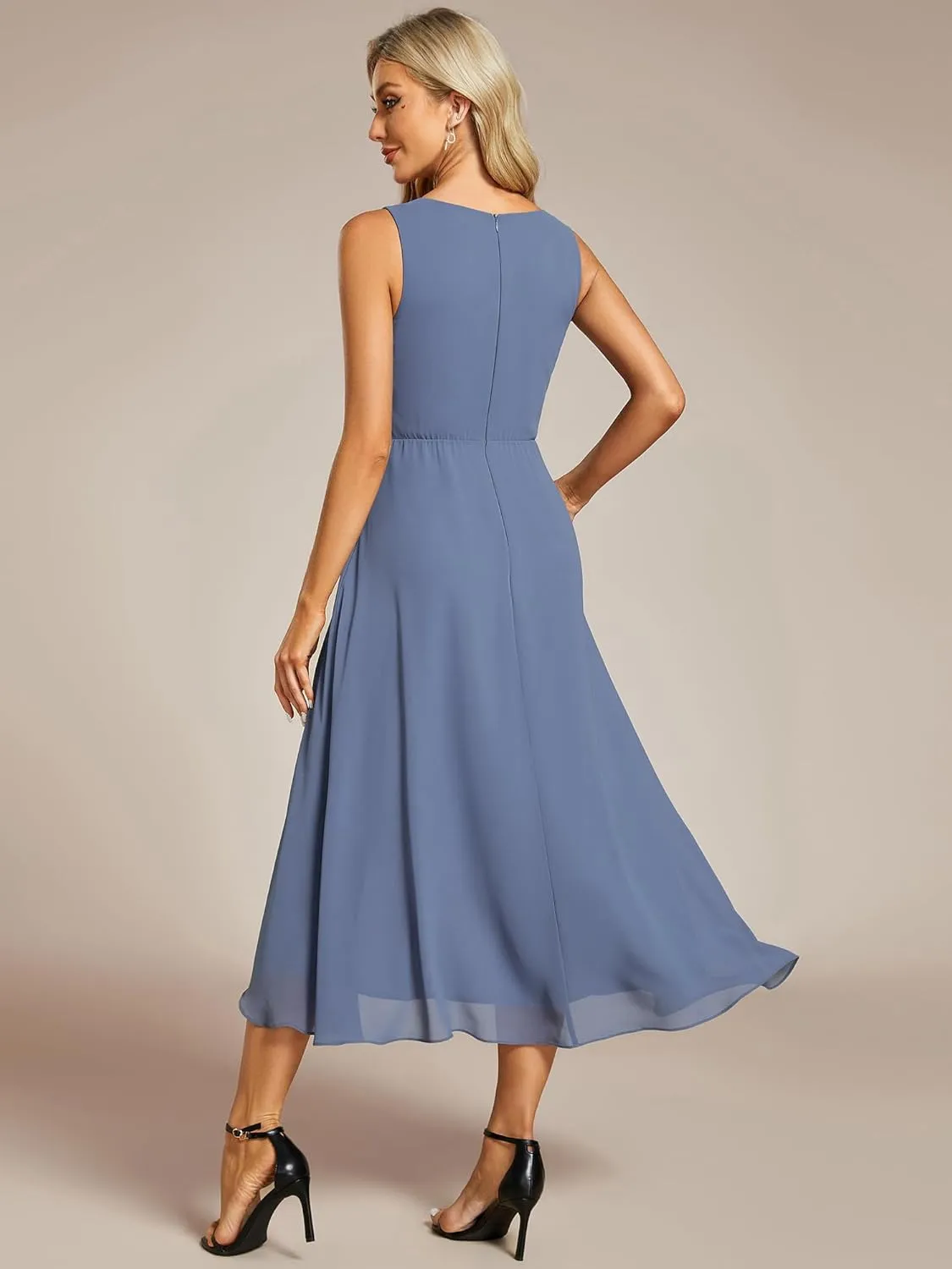 Ever-Pretty Women's Hi-Lo Sleeveless V Neck Appliques Flowy Chiffon Midi Formal Dress for Wedding Guest 41926