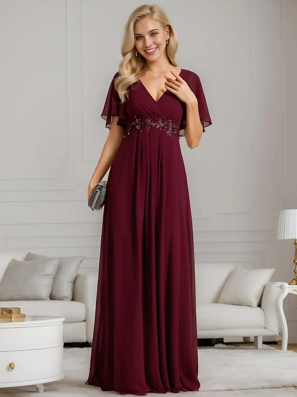 Ever-Pretty Women's Mother's Dress Chiffon V Neck A Line Appliques Waist Formal Dresses 01960