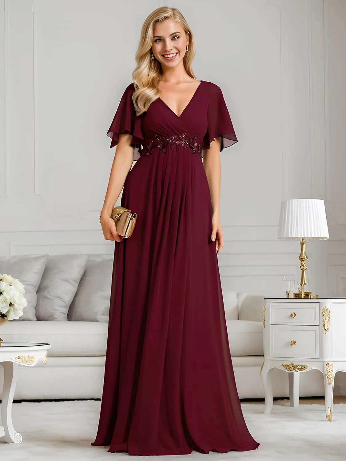 Ever-Pretty Women's Mother's Dress Chiffon V Neck A Line Appliques Waist Formal Dresses 01960
