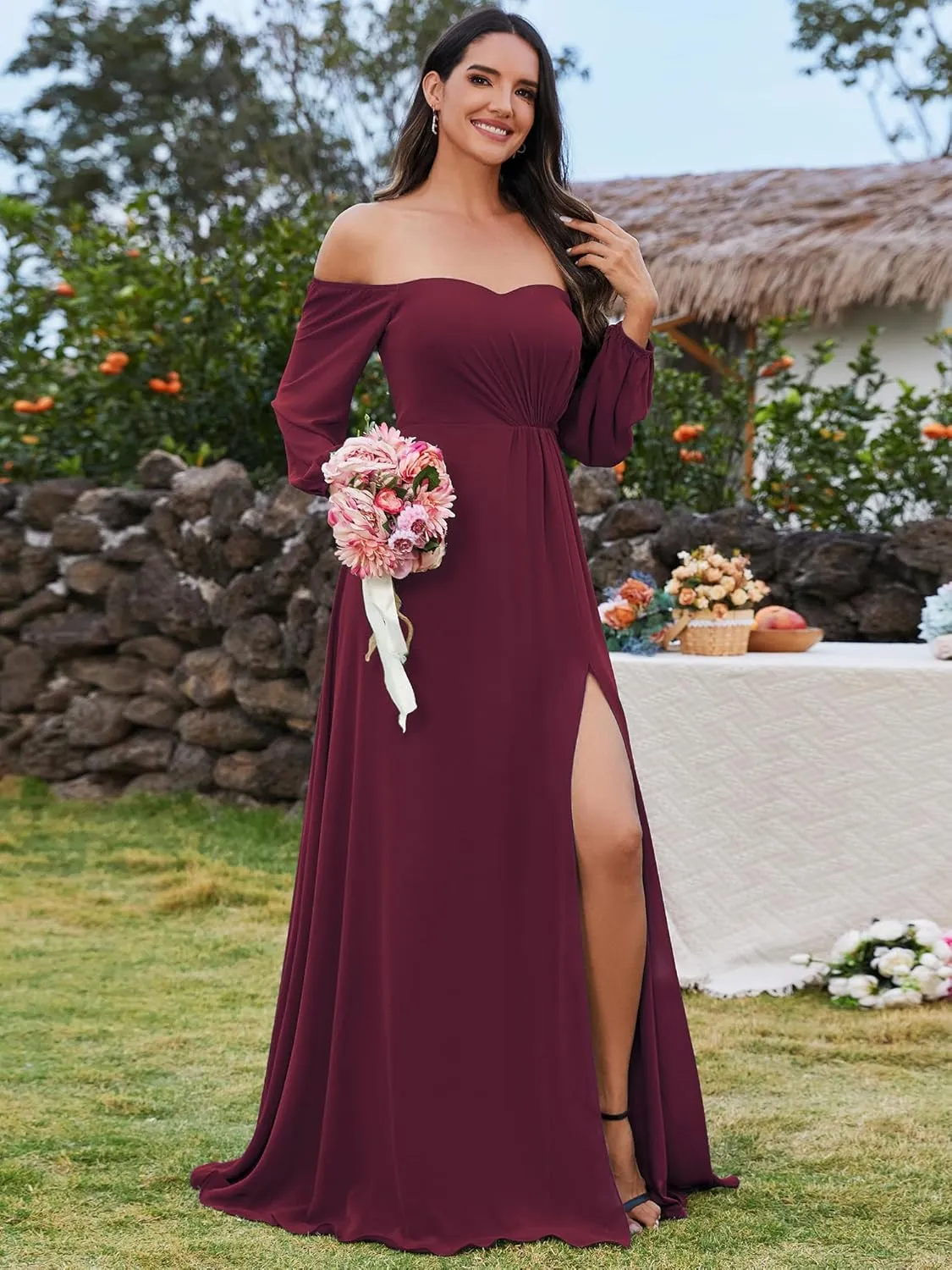 Ever-Pretty Women's Off Shoulder Lantern Sleeves A Line Split Maxi Bridesmaid Dresses S0002