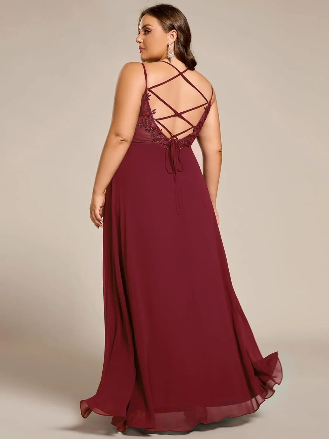 Ever-Pretty Women's Pleated Backless Applique V Neck A Line Chiffon Sleeveless Plus Size Bridesmaid Dresses 01692-DA