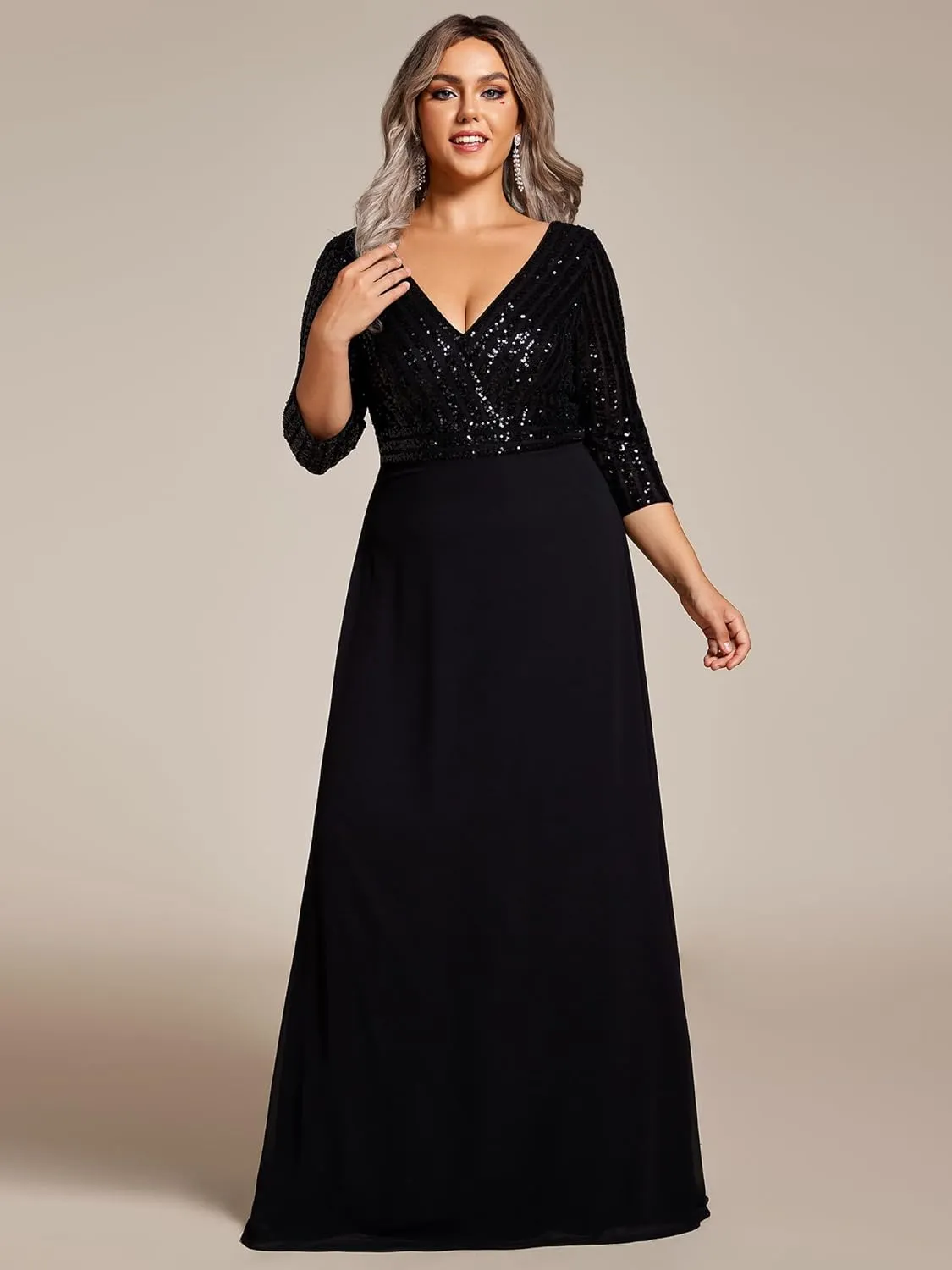 Ever-Pretty Women's Plus Size V-Neck Sparkle Sequins Chiffon 3/4 Sleevess Formal Dresses 0751-PZ