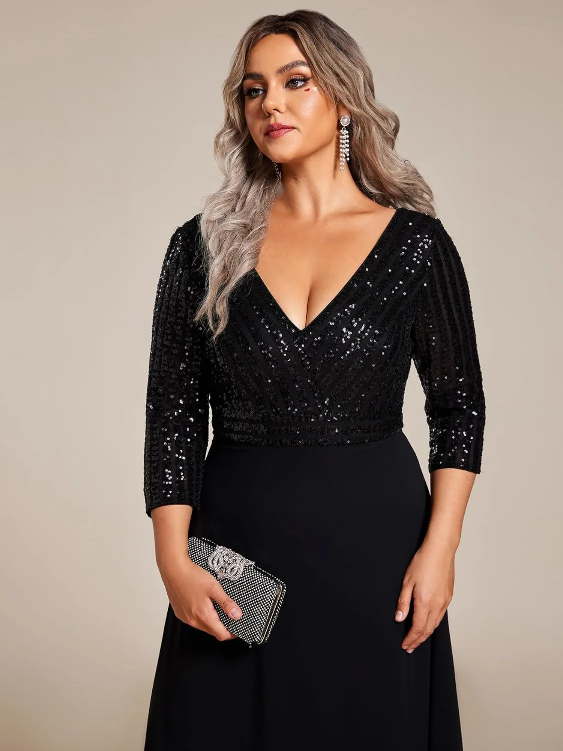Ever-Pretty Women's Plus Size V-Neck Sparkle Sequins Chiffon 3/4 Sleevess Formal Dresses 0751-PZ