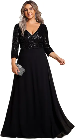 Ever-Pretty Women's Plus Size V-Neck Sparkle Sequins Chiffon 3/4 Sleevess Formal Dresses 0751-PZ