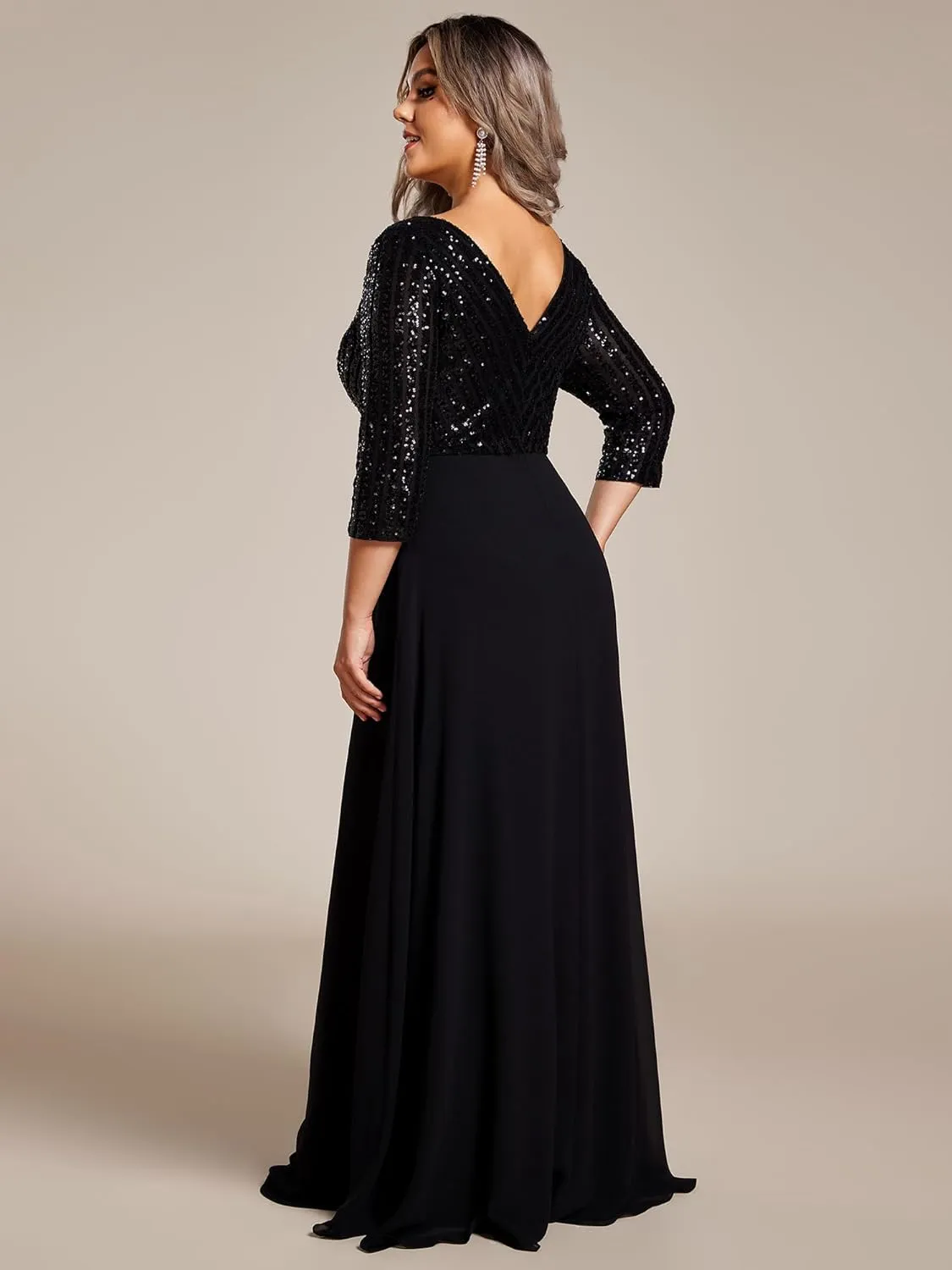 Ever-Pretty Women's Plus Size V-Neck Sparkle Sequins Chiffon 3/4 Sleevess Formal Dresses 0751-PZ