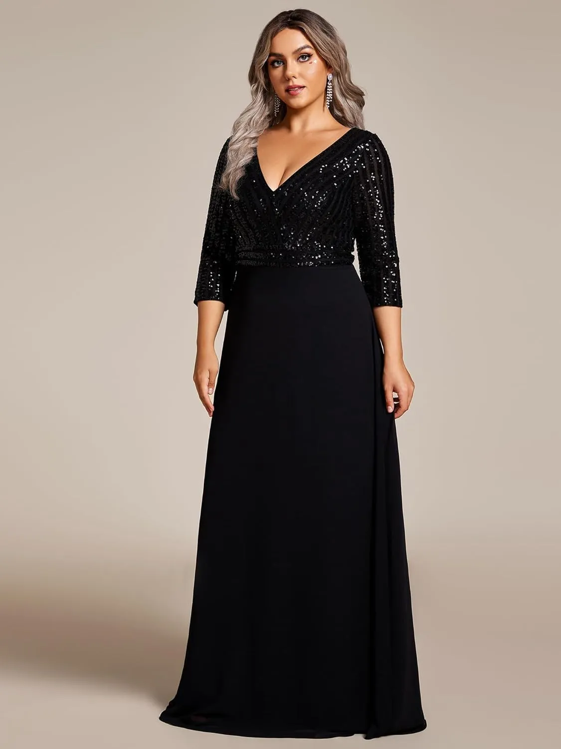 Ever-Pretty Women's Plus Size V-Neck Sparkle Sequins Chiffon 3/4 Sleevess Formal Dresses 0751-PZ