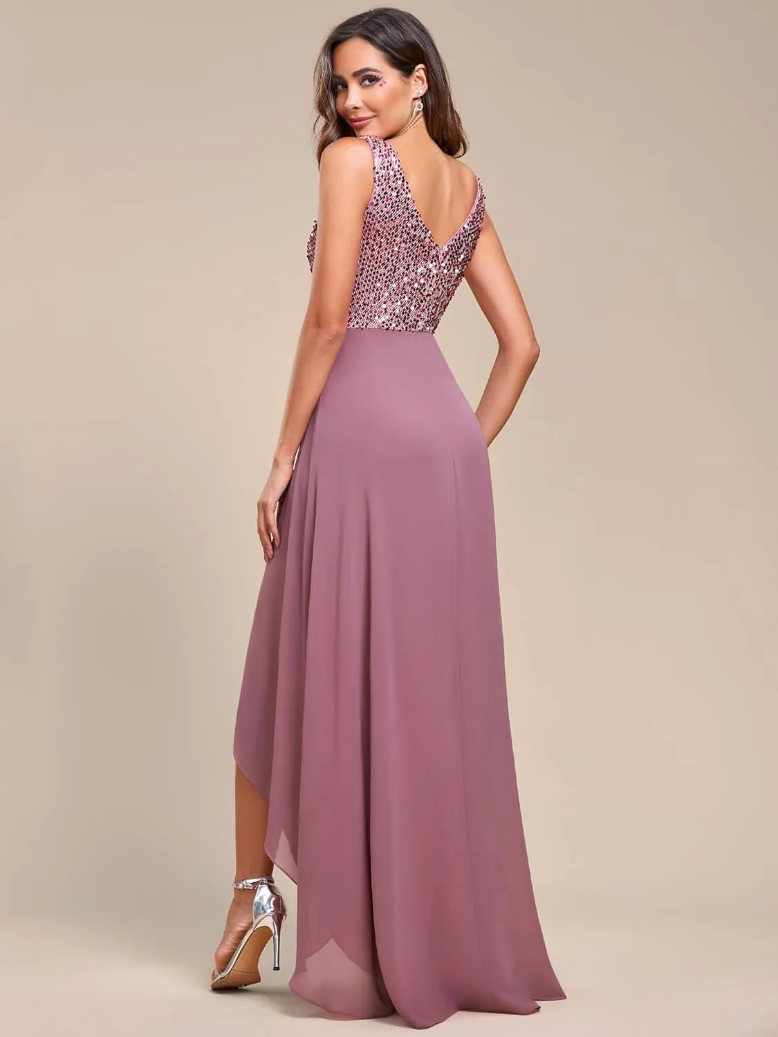 Ever-Pretty Women's Sequin V-Neck See-Through Waist High Low Wedding Guest Dress 0410-USA