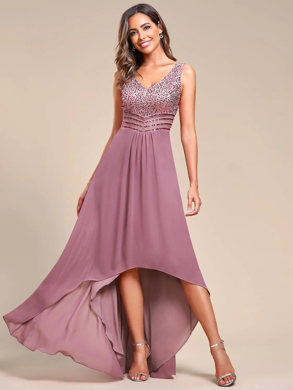 Ever-Pretty Women's Sequin V-Neck See-Through Waist High Low Wedding Guest Dress 0410-USA
