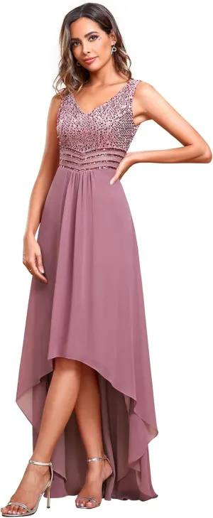 Ever-Pretty Women's Sequin V-Neck See-Through Waist High Low Wedding Guest Dress 0410-USA